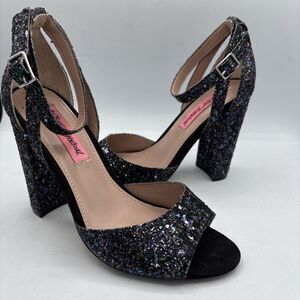 Betsey Johnson Glissten Heels 6 Glitter Rainbow Black Platform Block Party Shoe